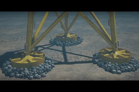 Vattenfall’s triple suction-bucket bases, fabricated by Smulders. Image YouTube/Smulders